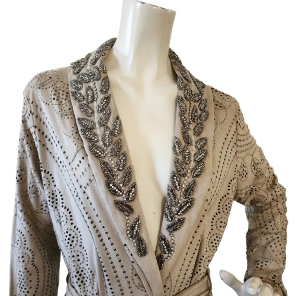 Boston Proper Jacket Women's M Beige Embellished Faux Suede Mid Length Boho